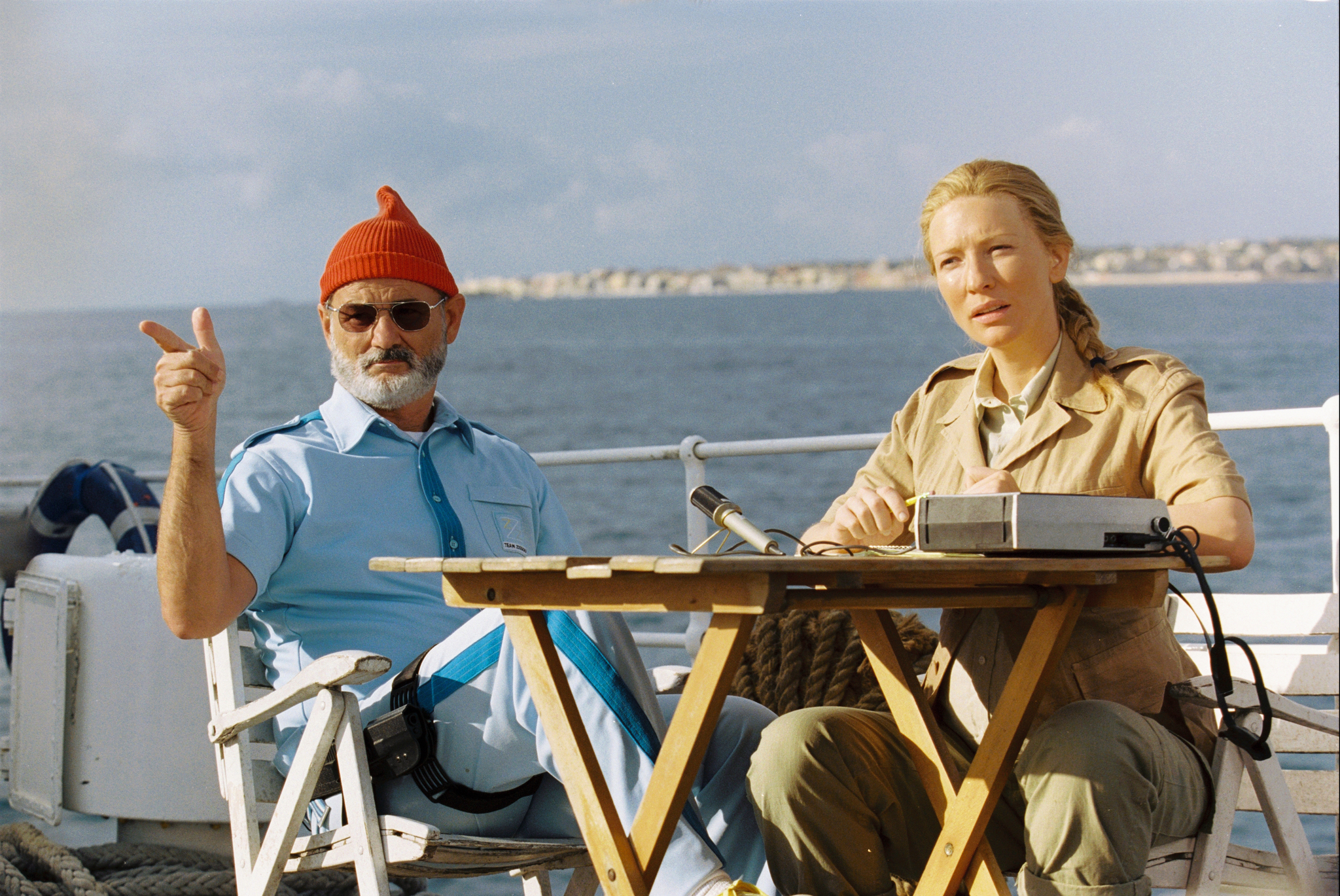Captain Zissou in an interview on the deck of the Belafonte